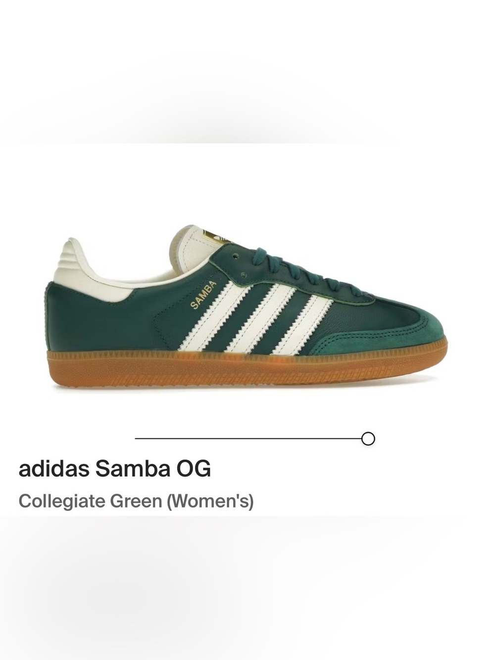 collegiate green women’s adidas sambas with cream stripes and gold details